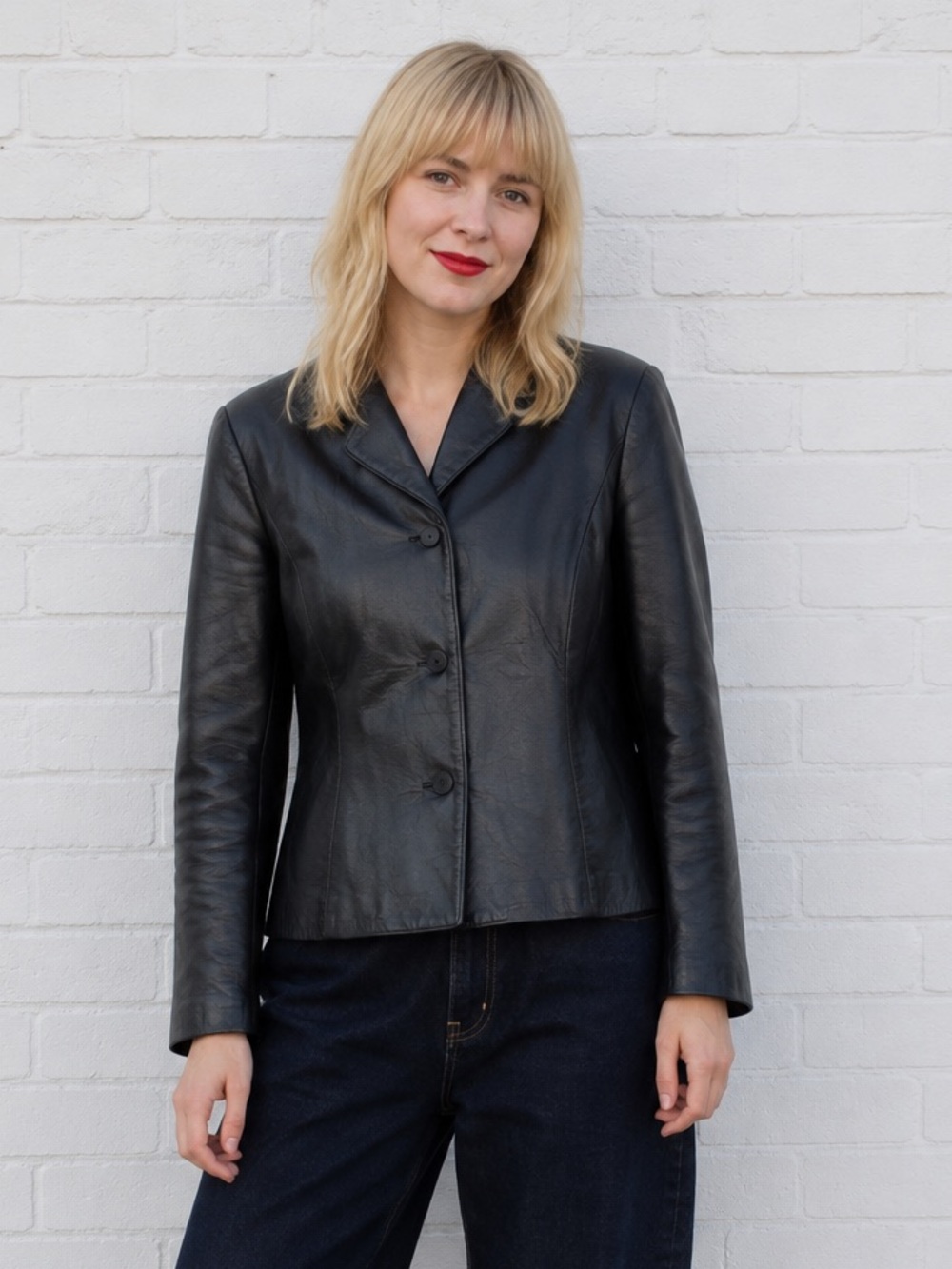 Vintage 90s Black short Blazer Leather Jacket Coat Minimalist Womens Size medium